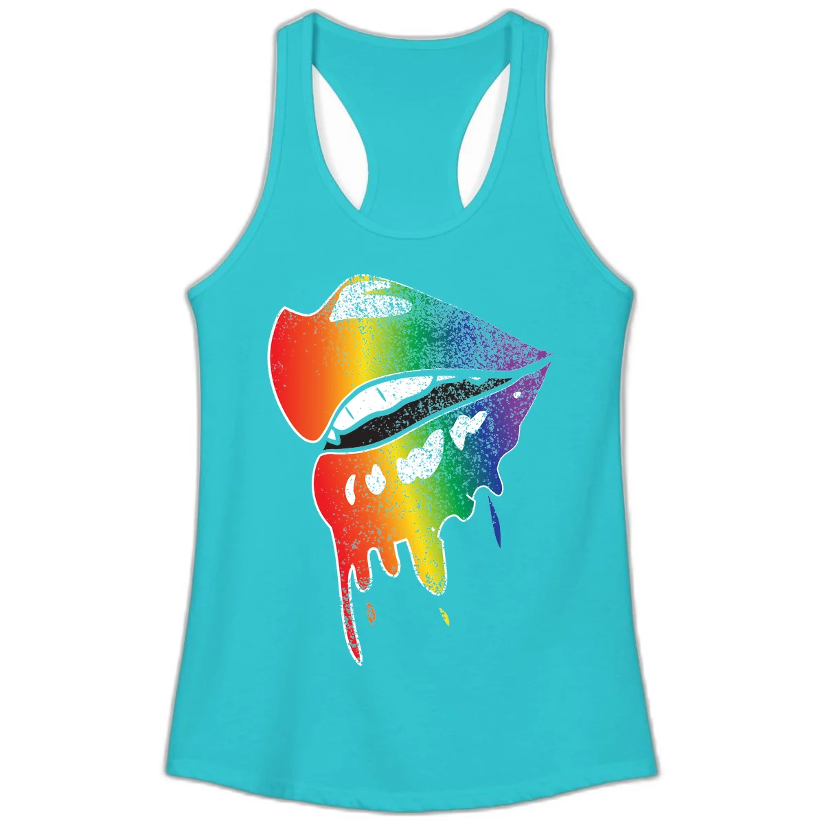 Rainbow-fish-pride-art illustration featuring a colorful fish head with open mouth in full spectrum gradient colors from red to purple with white details in Solid Tahiti Blue