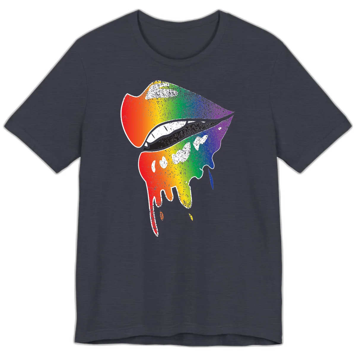 Rainbow-fish-pride-art illustration featuring a colorful fish head with open mouth in full spectrum gradient colors from red to purple with white details in Heather Midnight Navy