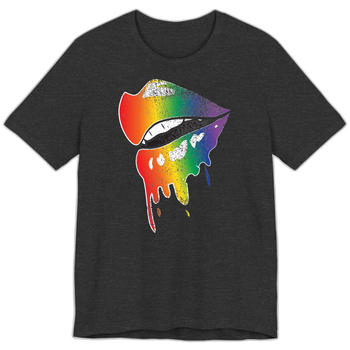 Rainbow-fish-pride-art illustration featuring a colorful fish head with open mouth in full spectrum gradient colors from red to purple with white details in Dark Grey Heather