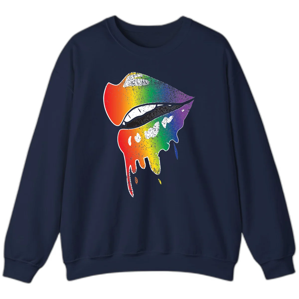 Rainbow-fish-pride-art illustration featuring a colorful fish head with open mouth in full spectrum gradient colors from red to purple with white details in Navy