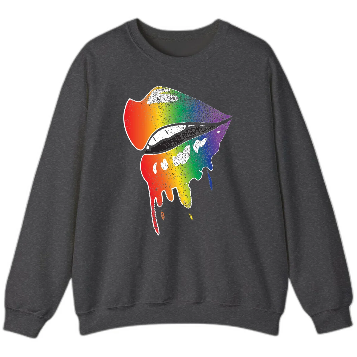 Rainbow-fish-pride-art illustration featuring a colorful fish head with open mouth in full spectrum gradient colors from red to purple with white details in Dark Heather