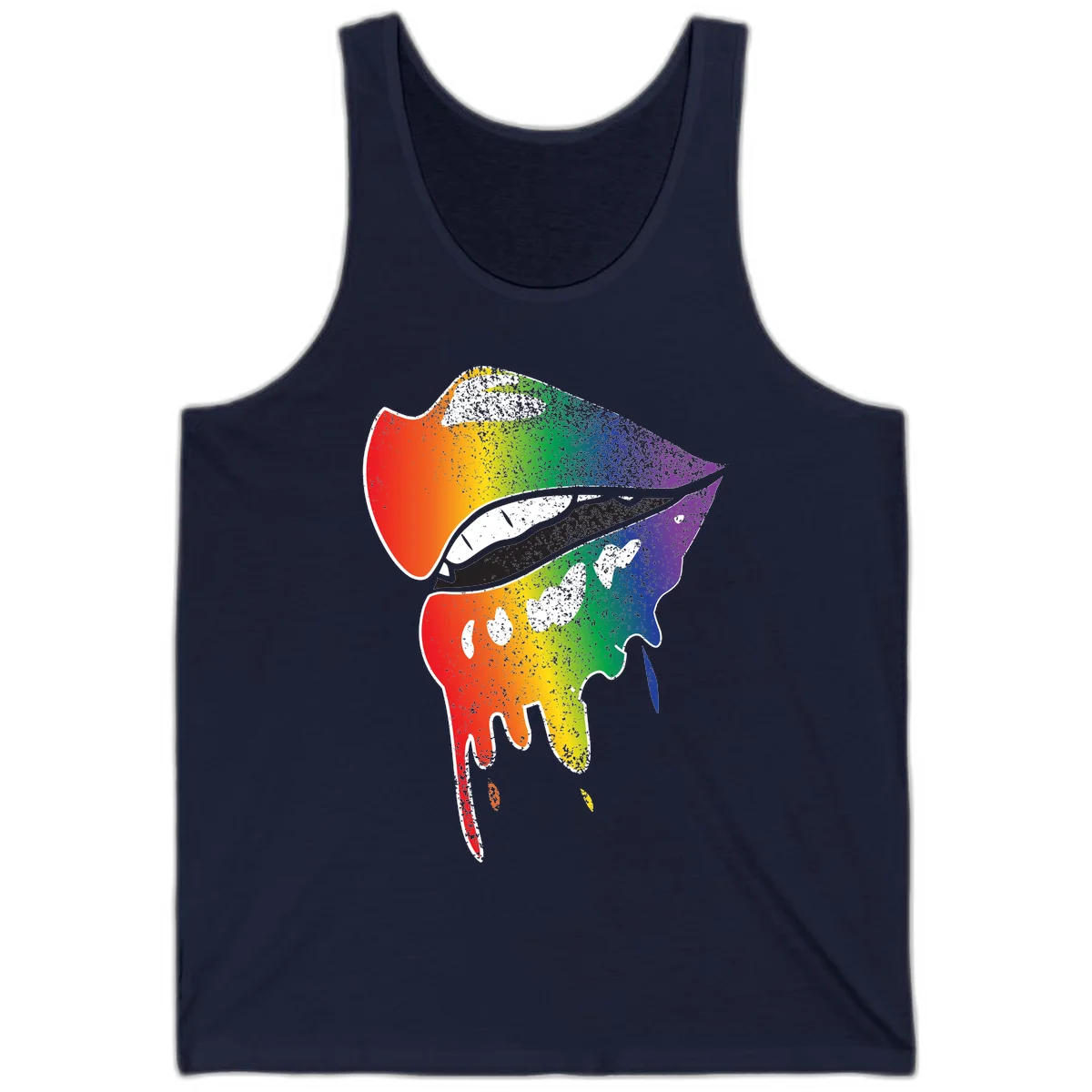 Rainbow-fish-pride-art illustration featuring a colorful fish head with open mouth in full spectrum gradient colors from red to purple with white details in Navy