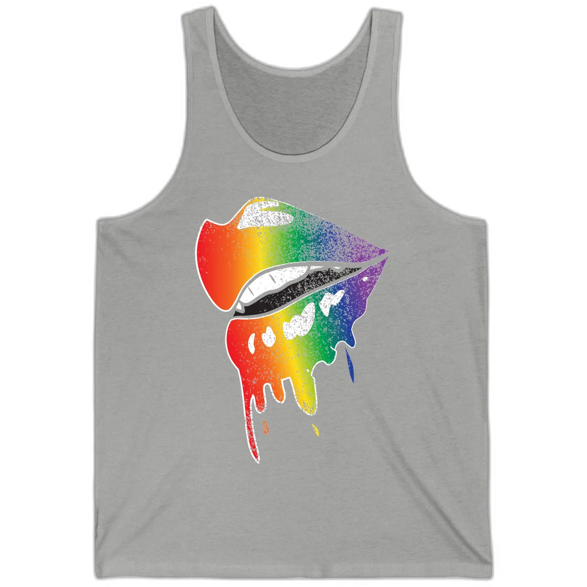 Rainbow-fish-pride-art illustration featuring a colorful fish head with open mouth in full spectrum gradient colors from red to purple with white details in Athletic Heather