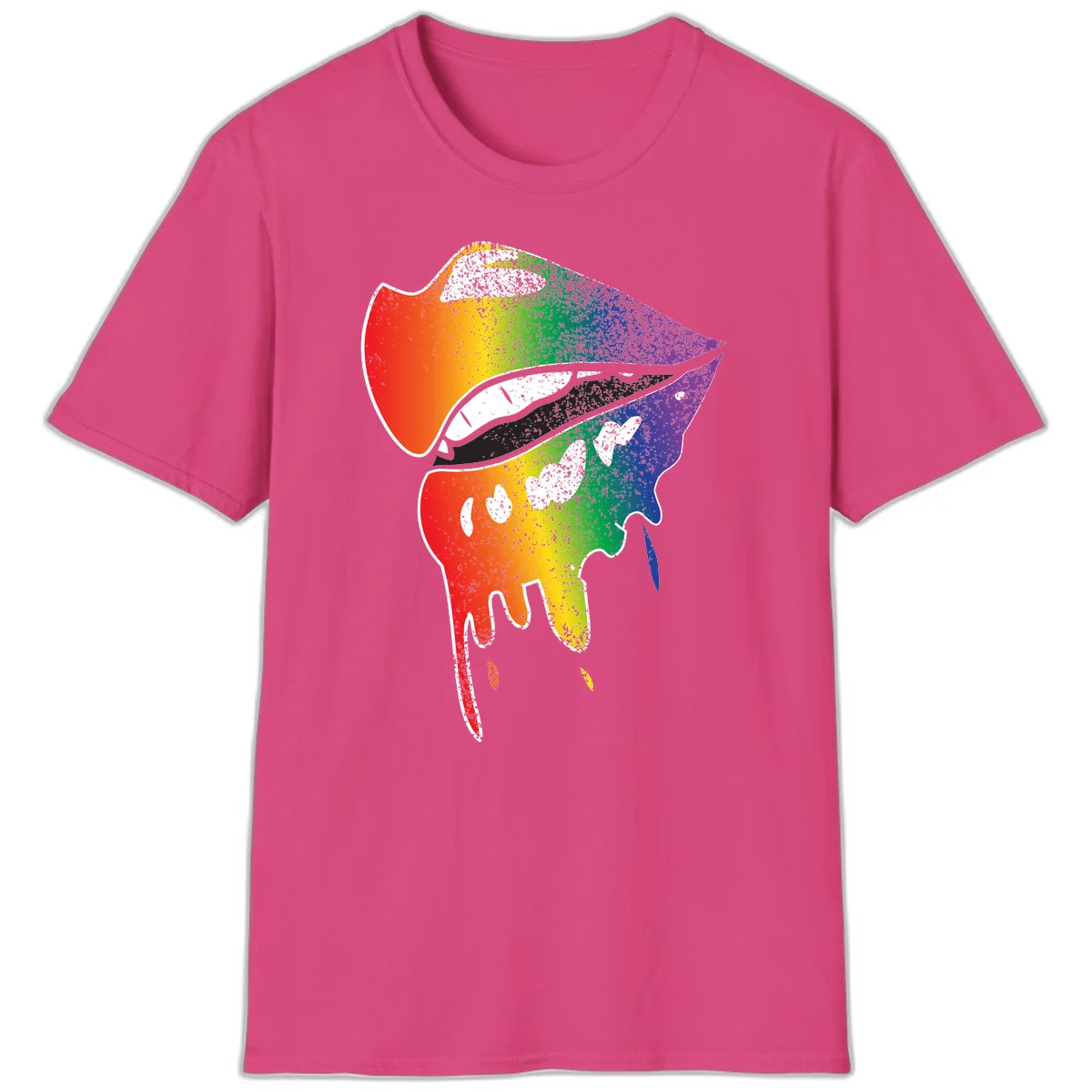 Rainbow-fish-pride-art illustration featuring a colorful fish head with open mouth in full spectrum gradient colors from red to purple with white details in Heliconia