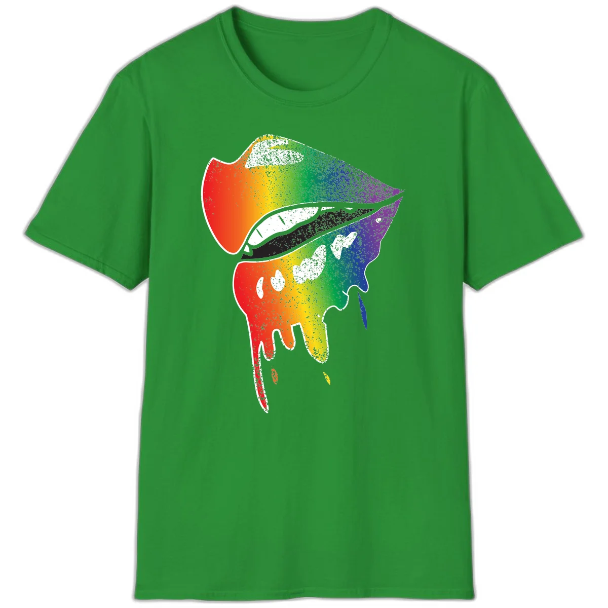 Rainbow-fish-pride-art illustration featuring a colorful fish head with open mouth in full spectrum gradient colors from red to purple with white details in Irish Green