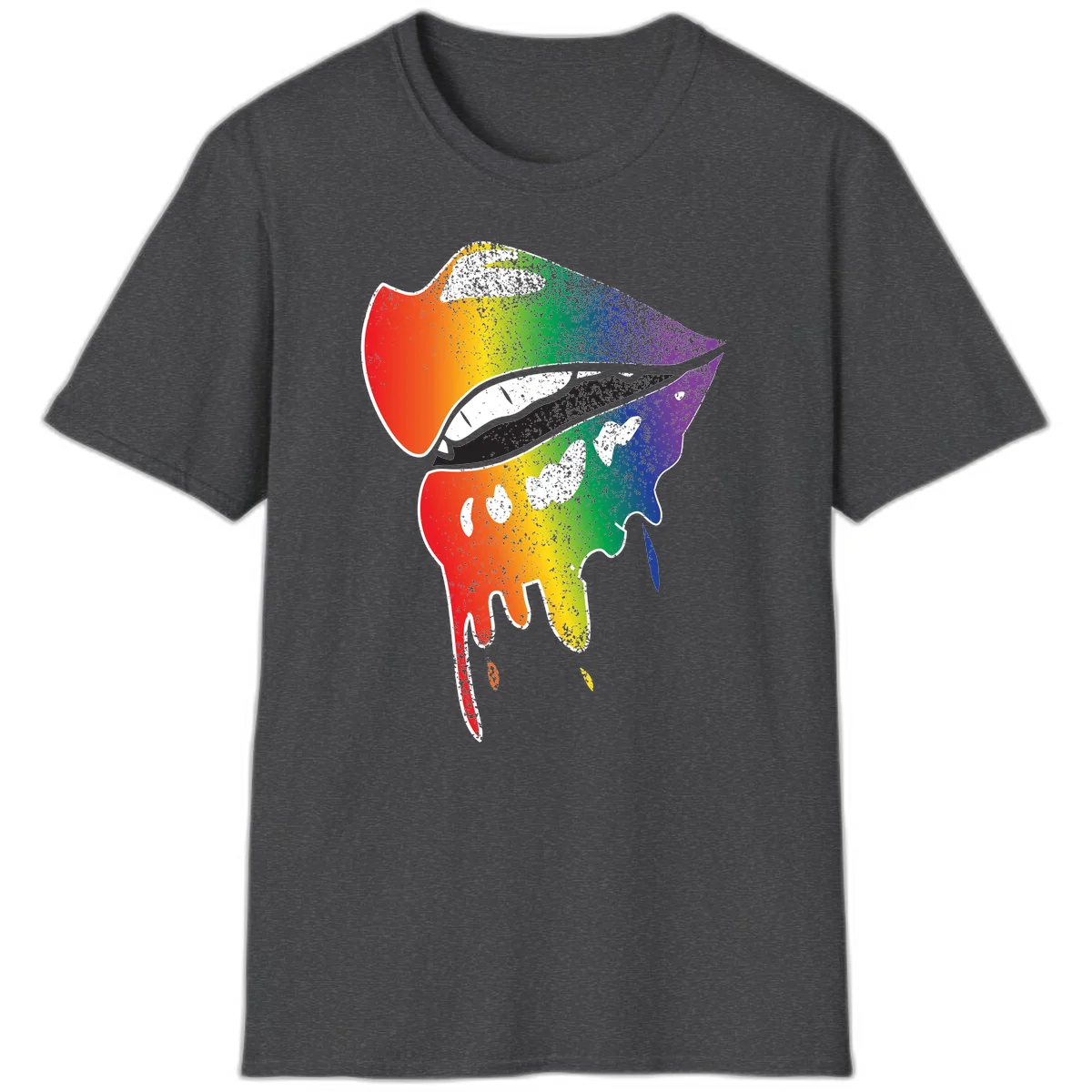 Rainbow-fish-pride-art illustration featuring a colorful fish head with open mouth in full spectrum gradient colors from red to purple with white details in Dark Heather