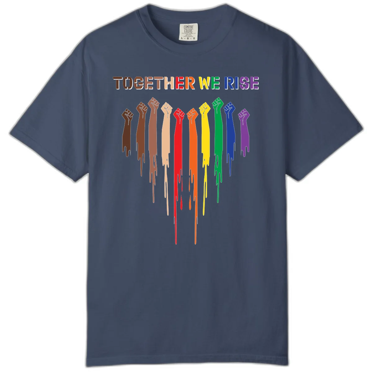 Ten raised fists in rainbow colors from brown to purple with dripping paint effect and 'Together We Rise' text above, symbolizing unity and diversity in Midnight