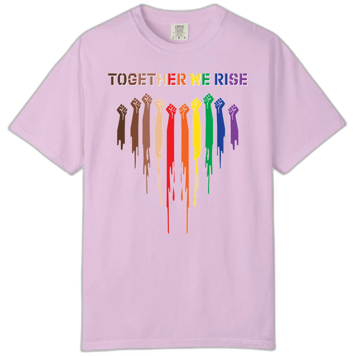 Ten raised fists in rainbow colors from brown to purple with dripping paint effect and 'Together We Rise' text above, symbolizing unity and diversity in Orchid