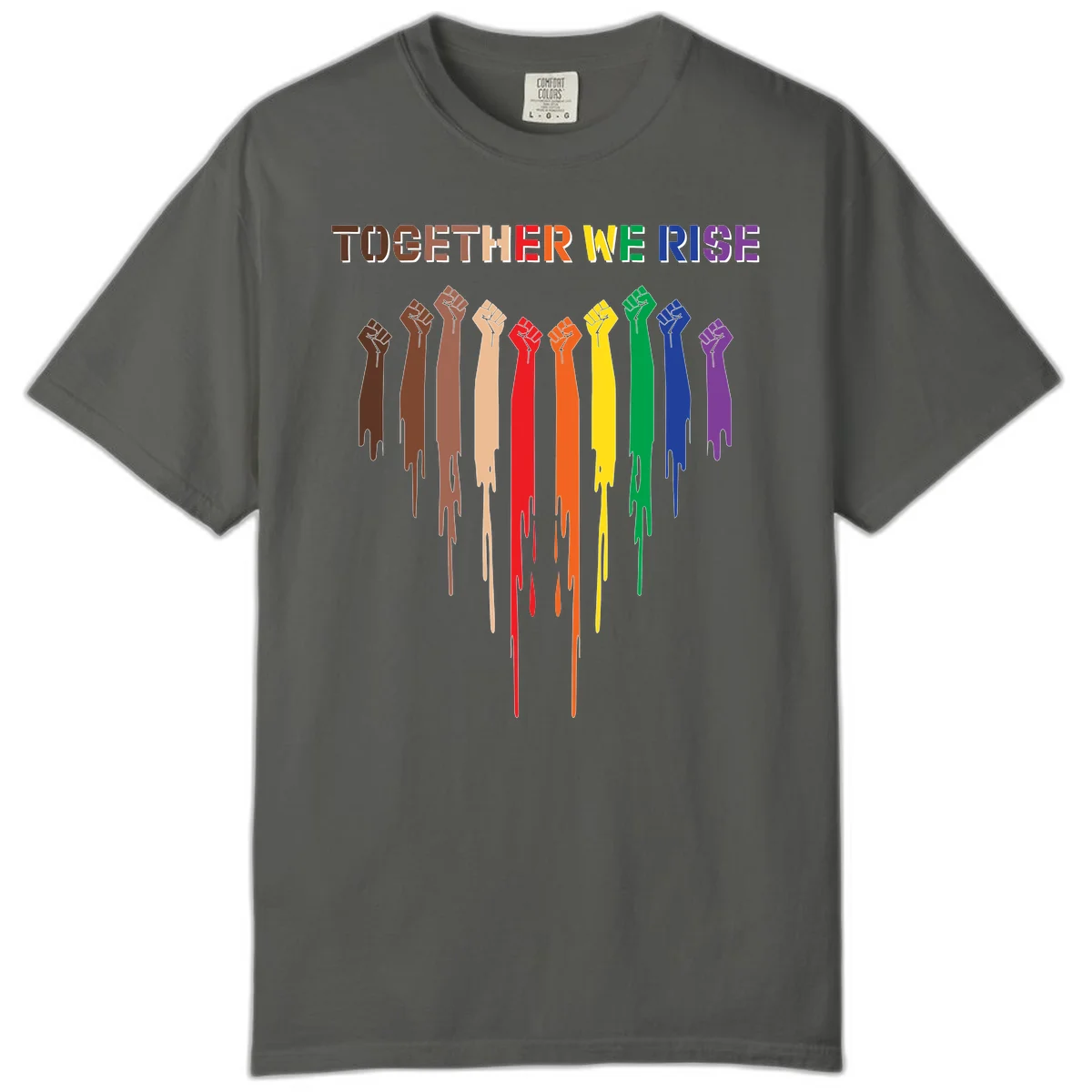 Ten raised fists in rainbow colors from brown to purple with dripping paint effect and 'Together We Rise' text above, symbolizing unity and diversity in Pepper
