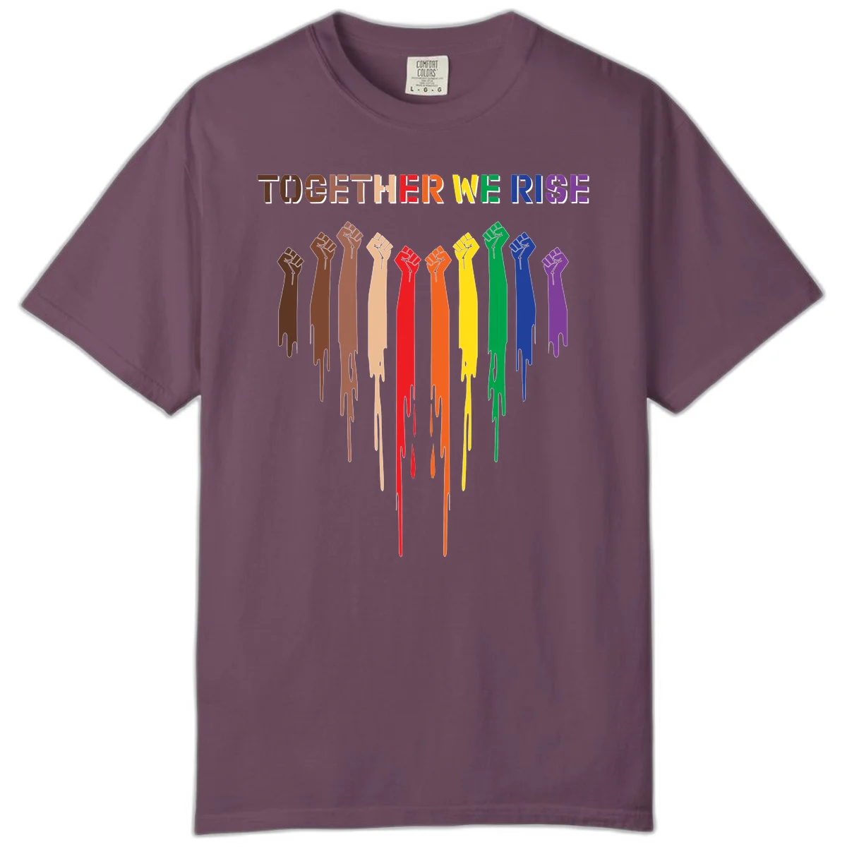 Ten raised fists in rainbow colors from brown to purple with dripping paint effect and 'Together We Rise' text above, symbolizing unity and diversity in Berry