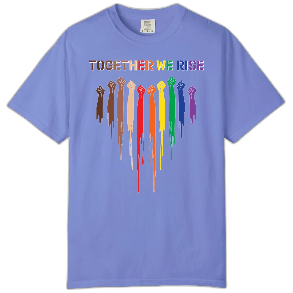 Ten raised fists in rainbow colors from brown to purple with dripping paint effect and 'Together We Rise' text above, symbolizing unity and diversity in Flo Blue