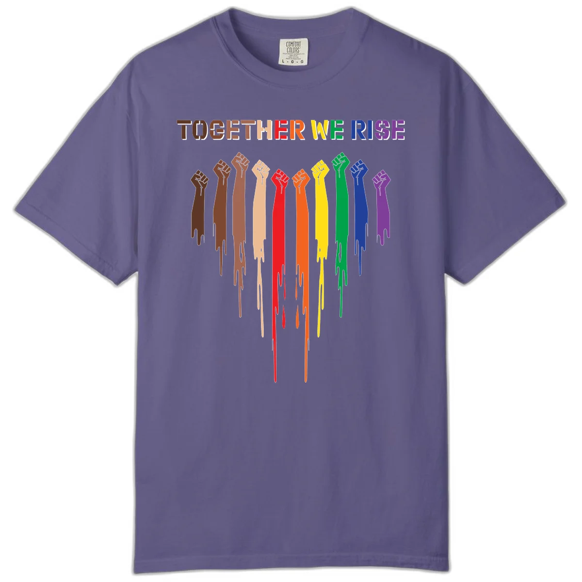 Ten raised fists in rainbow colors from brown to purple with dripping paint effect and 'Together We Rise' text above, symbolizing unity and diversity in Grape