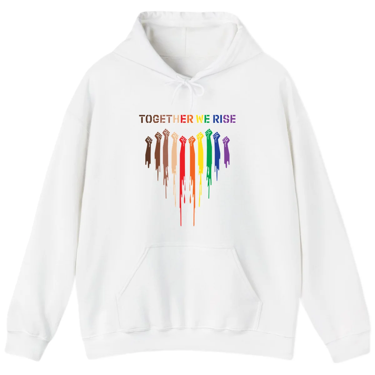 Ten raised fists in rainbow colors from brown to purple with dripping paint effect and 'Together We Rise' text above, symbolizing unity and diversity in White