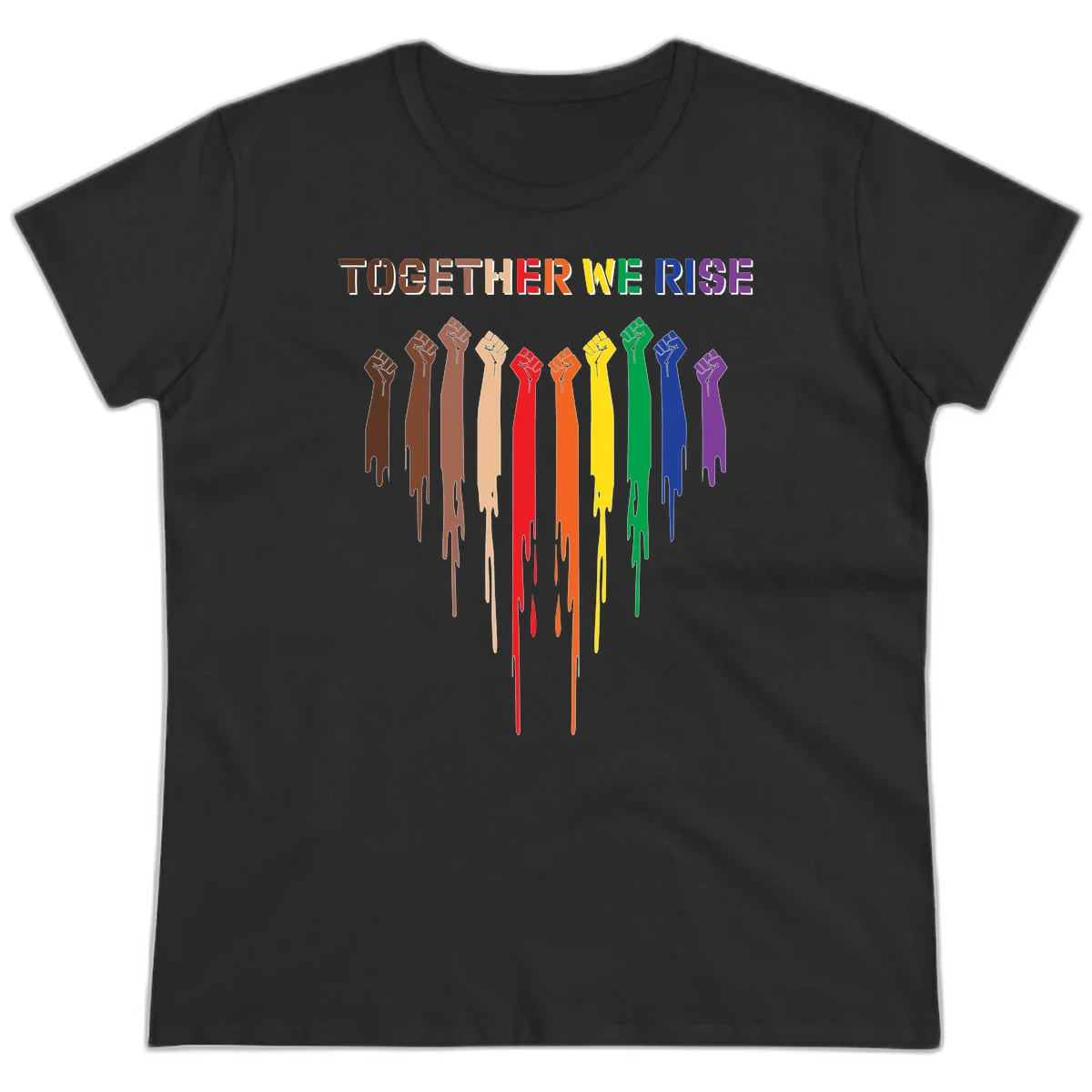 Ten raised fists in rainbow colors from brown to purple with dripping paint effect and 'Together We Rise' text above, symbolizing unity and diversity in Black