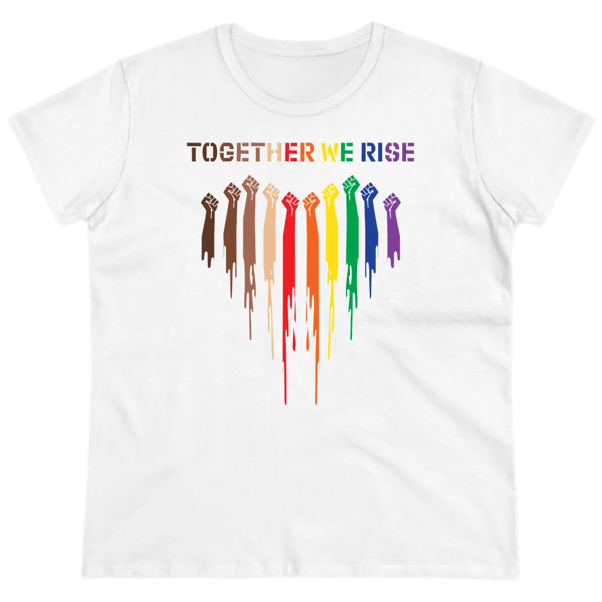 Ten raised fists in rainbow colors from brown to purple with dripping paint effect and 'Together We Rise' text above, symbolizing unity and diversity in White