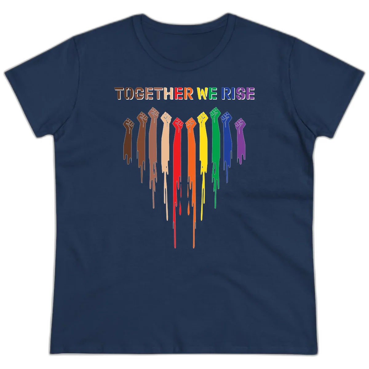 Ten raised fists in rainbow colors from brown to purple with dripping paint effect and 'Together We Rise' text above, symbolizing unity and diversity in Navy