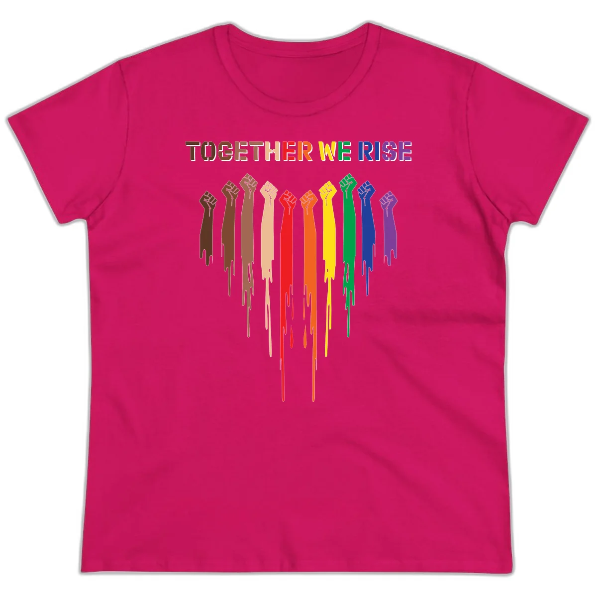 Ten raised fists in rainbow colors from brown to purple with dripping paint effect and 'Together We Rise' text above, symbolizing unity and diversity in Heliconia