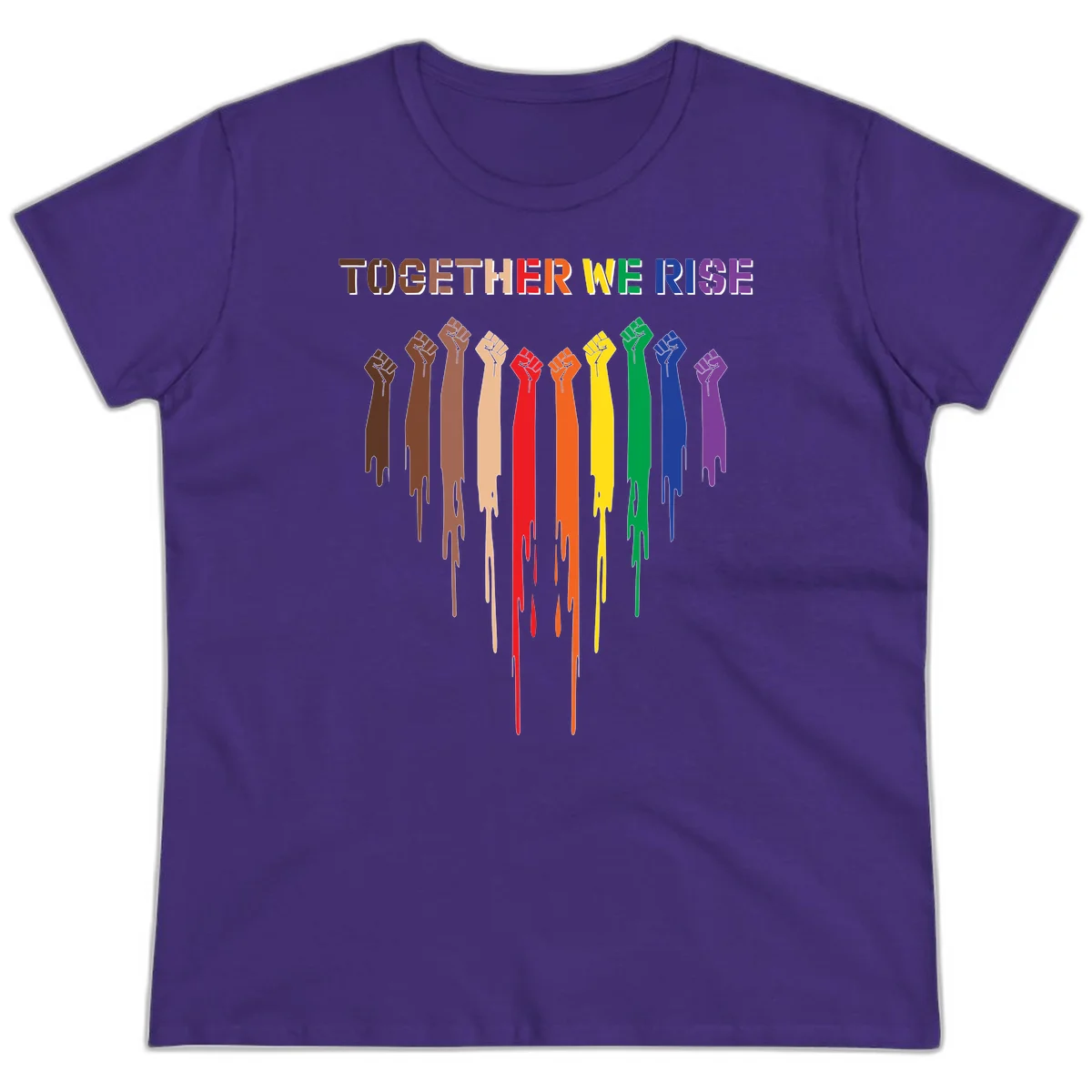 Ten raised fists in rainbow colors from brown to purple with dripping paint effect and 'Together We Rise' text above, symbolizing unity and diversity in Purple