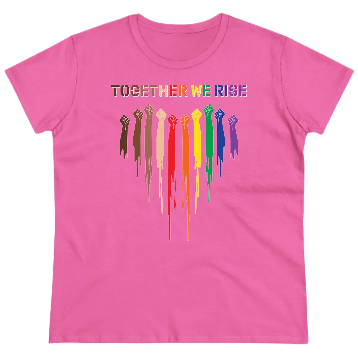 Ten raised fists in rainbow colors from brown to purple with dripping paint effect and 'Together We Rise' text above, symbolizing unity and diversity in Azalea
