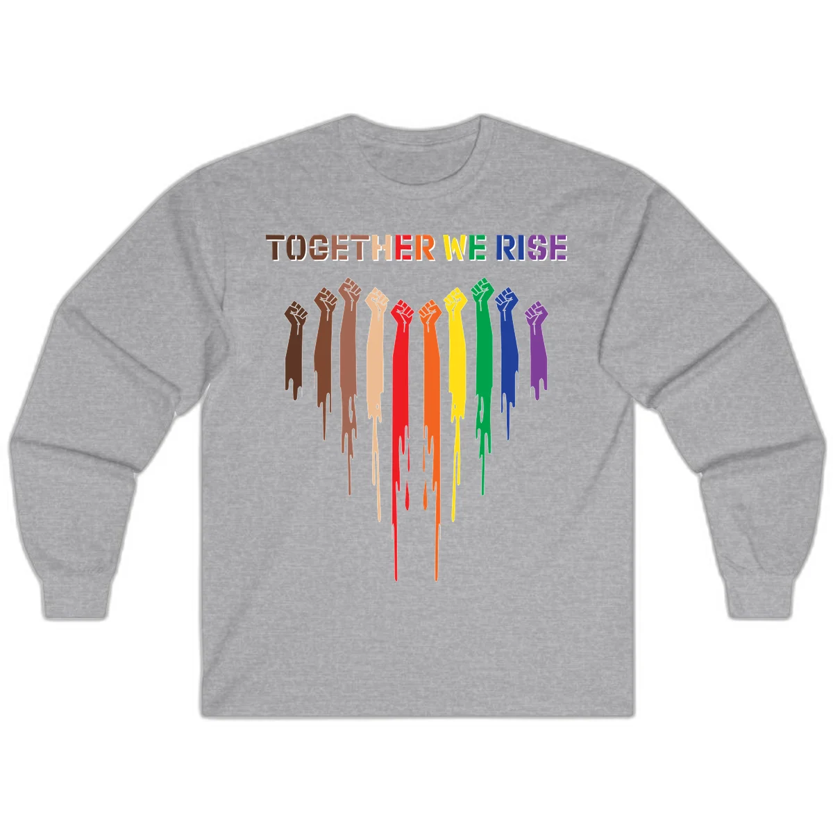 Ten raised fists in rainbow colors from brown to purple with dripping paint effect and 'Together We Rise' text above, symbolizing unity and diversity in Sport Grey