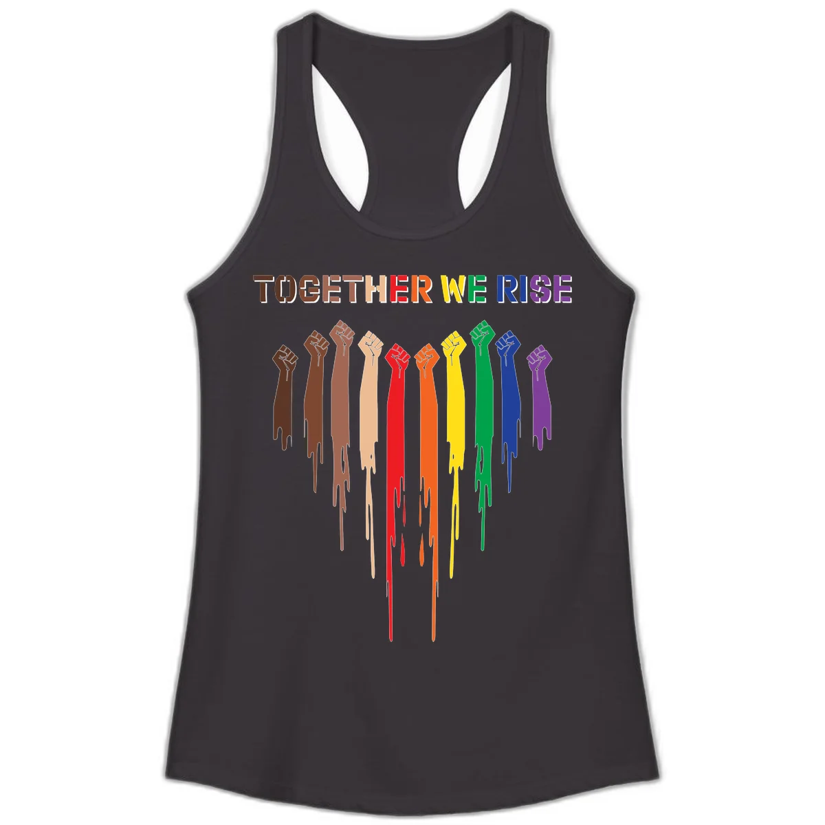 Ten raised fists in rainbow colors from brown to purple with dripping paint effect and 'Together We Rise' text above, symbolizing unity and diversity in Black