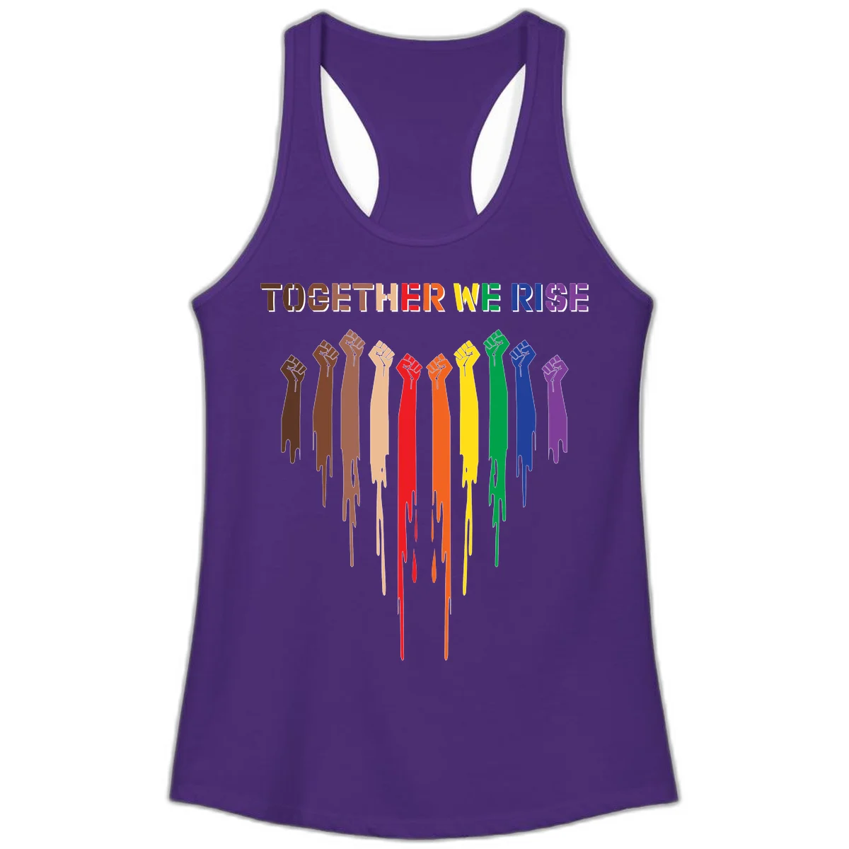 Ten raised fists in rainbow colors from brown to purple with dripping paint effect and 'Together We Rise' text above, symbolizing unity and diversity in Solid Purple Rush