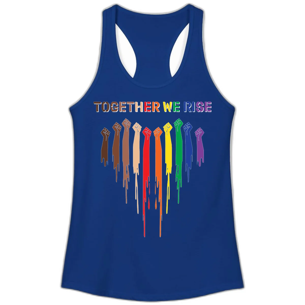 Ten raised fists in rainbow colors from brown to purple with dripping paint effect and 'Together We Rise' text above, symbolizing unity and diversity in Solid Royal
