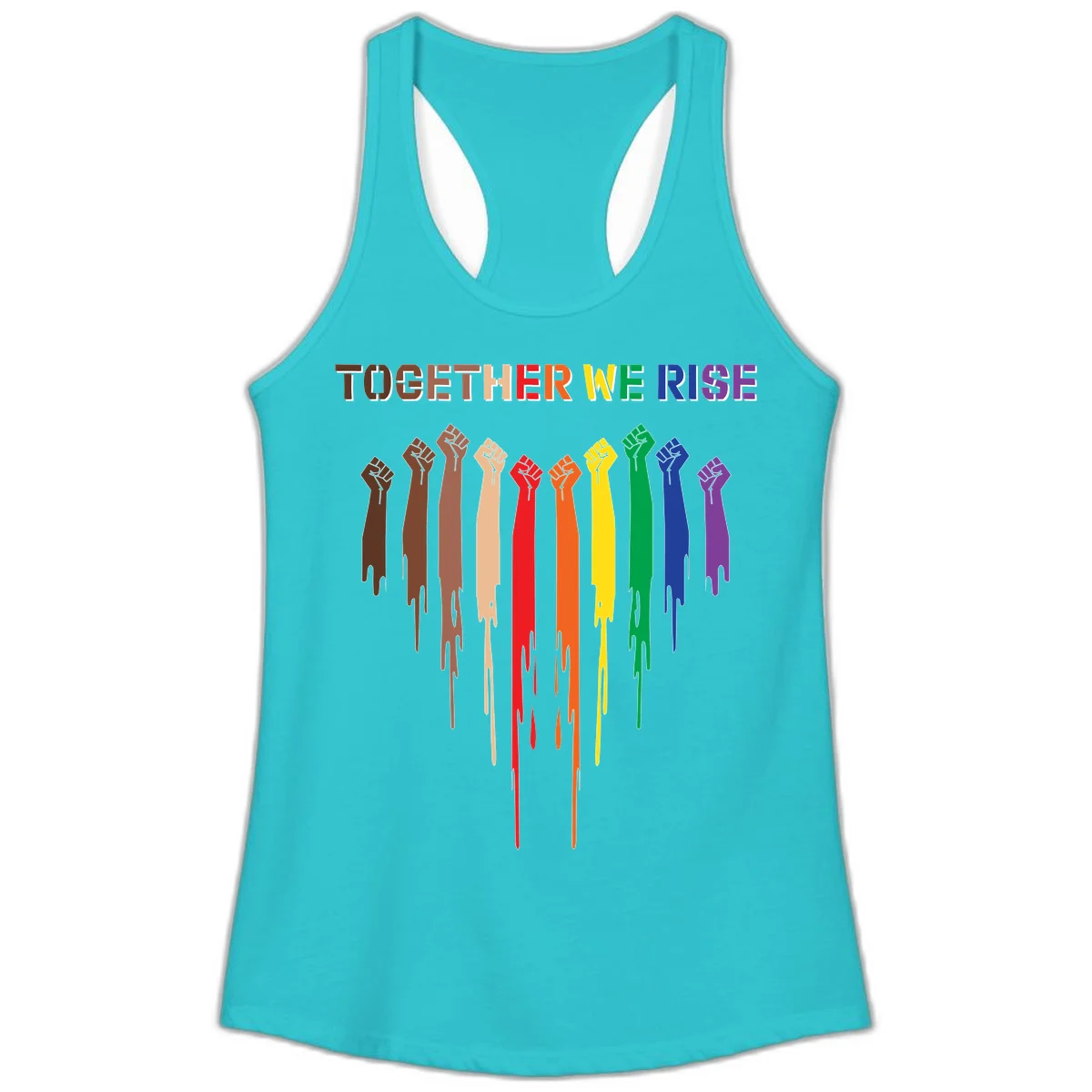 Ten raised fists in rainbow colors from brown to purple with dripping paint effect and 'Together We Rise' text above, symbolizing unity and diversity in Solid Tahiti Blue