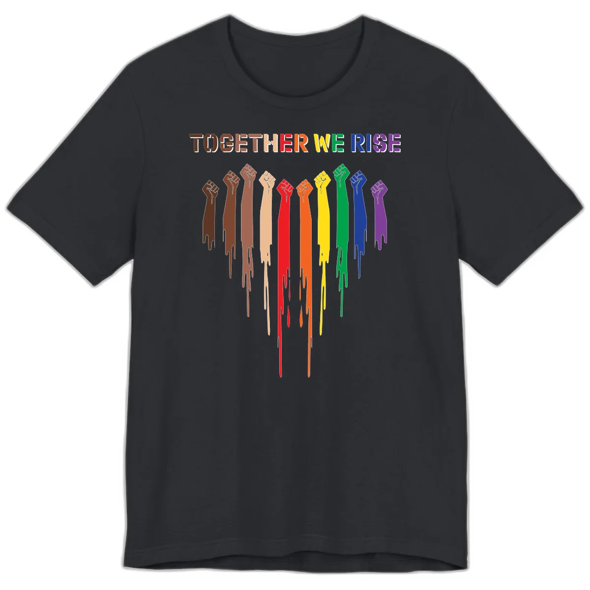 Ten raised fists in rainbow colors from brown to purple with dripping paint effect and 'Together We Rise' text above, symbolizing unity and diversity in Vintage Black