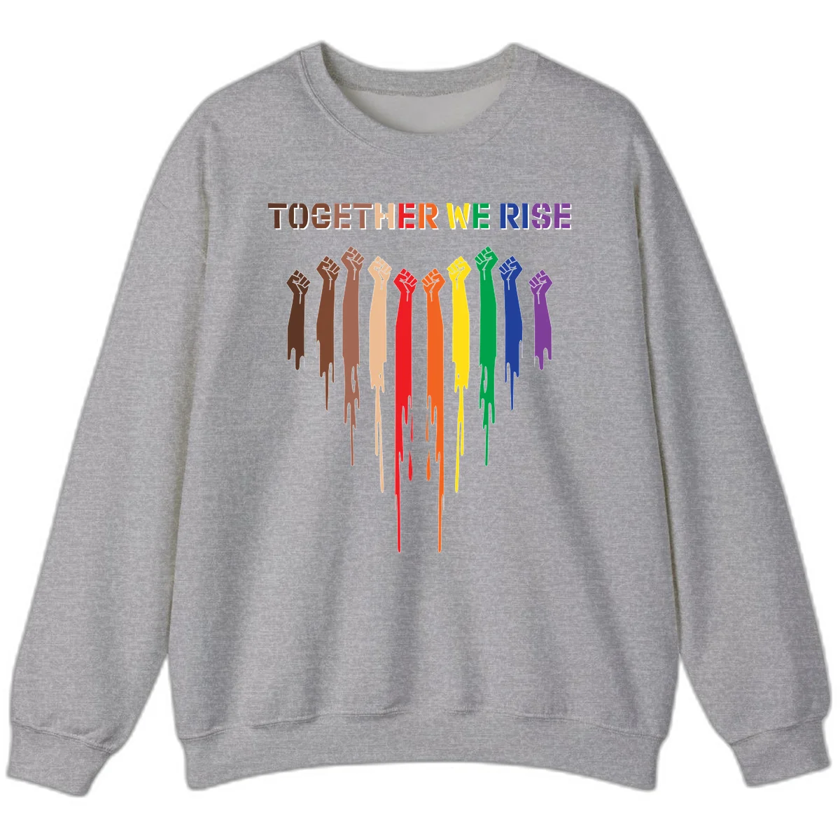 Ten raised fists in rainbow colors from brown to purple with dripping paint effect and 'Together We Rise' text above, symbolizing unity and diversity in Sport Grey