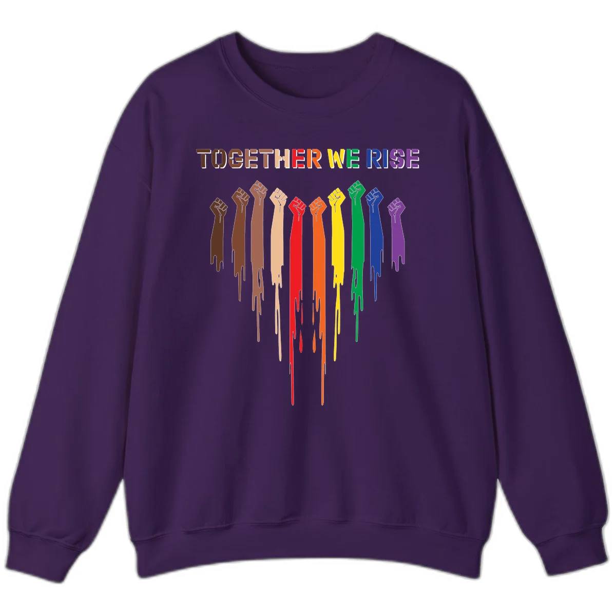 Ten raised fists in rainbow colors from brown to purple with dripping paint effect and 'Together We Rise' text above, symbolizing unity and diversity in Purple