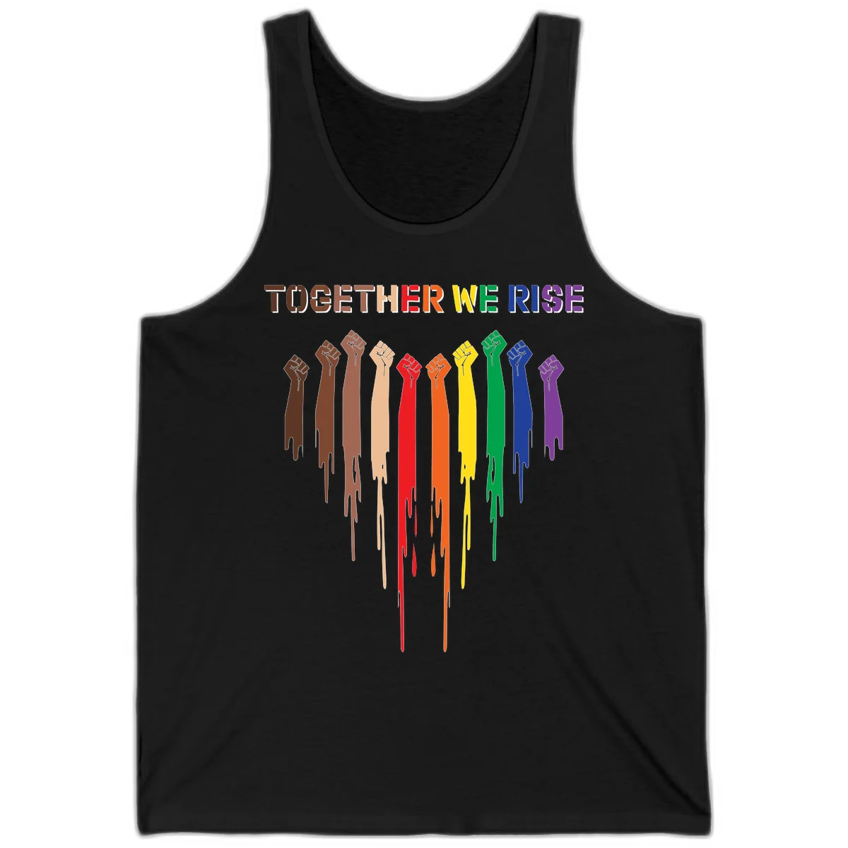 Ten raised fists in rainbow colors from brown to purple with dripping paint effect and 'Together We Rise' text above, symbolizing unity and diversity in Black