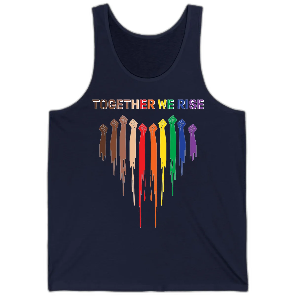 Ten raised fists in rainbow colors from brown to purple with dripping paint effect and 'Together We Rise' text above, symbolizing unity and diversity in Navy