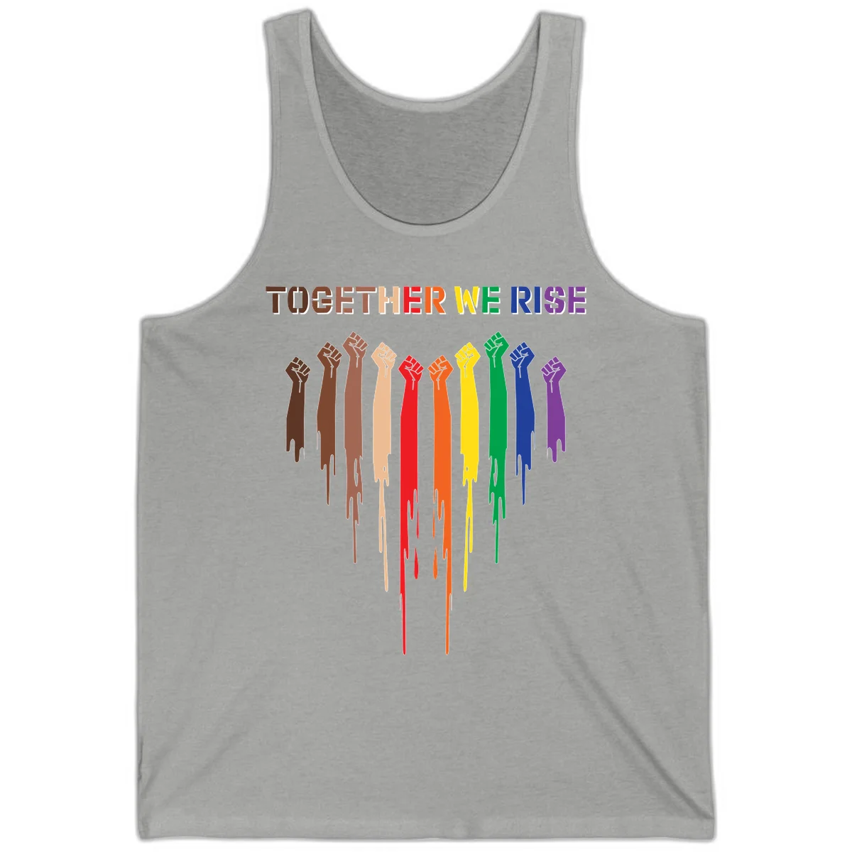 Ten raised fists in rainbow colors from brown to purple with dripping paint effect and 'Together We Rise' text above, symbolizing unity and diversity in Athletic Heather