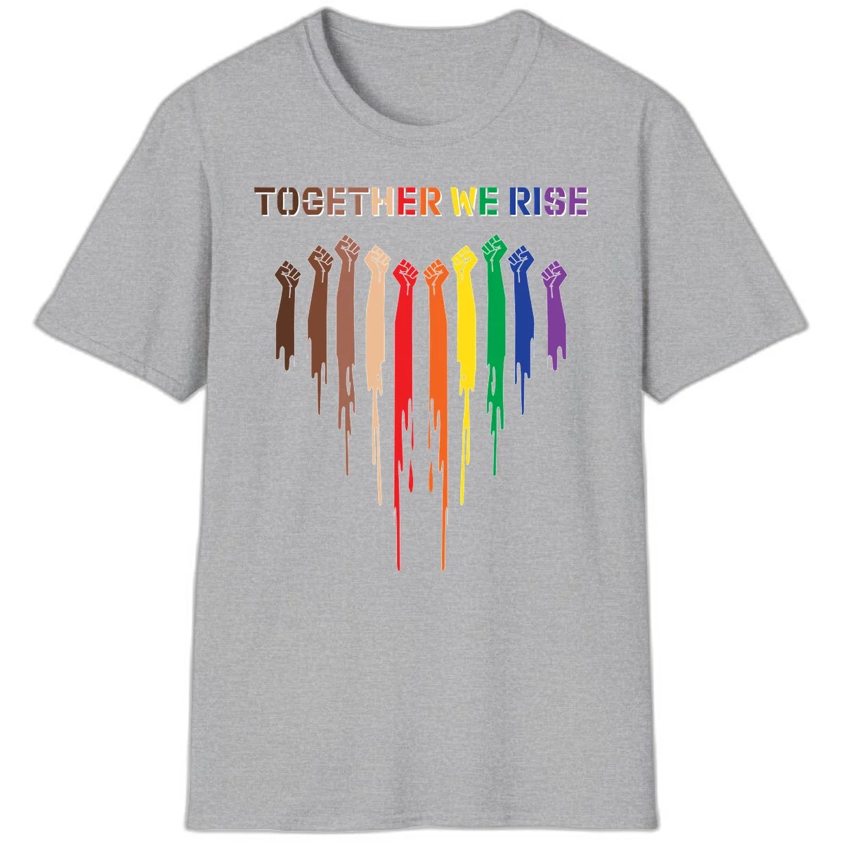 Ten raised fists in rainbow colors from brown to purple with dripping paint effect and 'Together We Rise' text above, symbolizing unity and diversity in Sport Grey