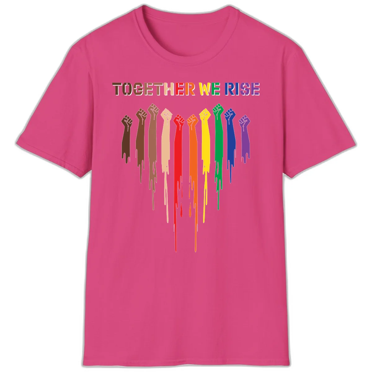 Ten raised fists in rainbow colors from brown to purple with dripping paint effect and 'Together We Rise' text above, symbolizing unity and diversity in Heliconia