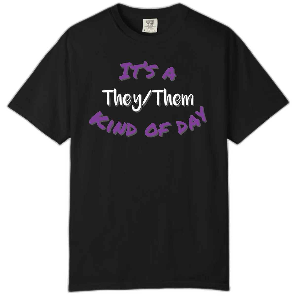 Purple 3D text reading 'IT'S 4 They/Them PROUD OF ME' with shadow effects on gray background in Black