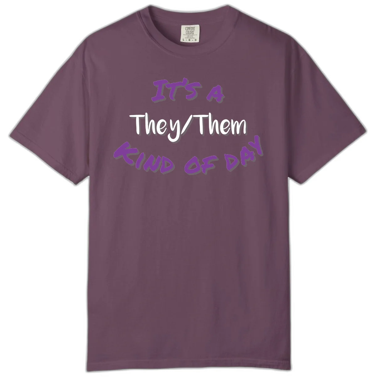 Purple 3D text reading 'IT'S 4 They/Them PROUD OF ME' with shadow effects on gray background in Berry