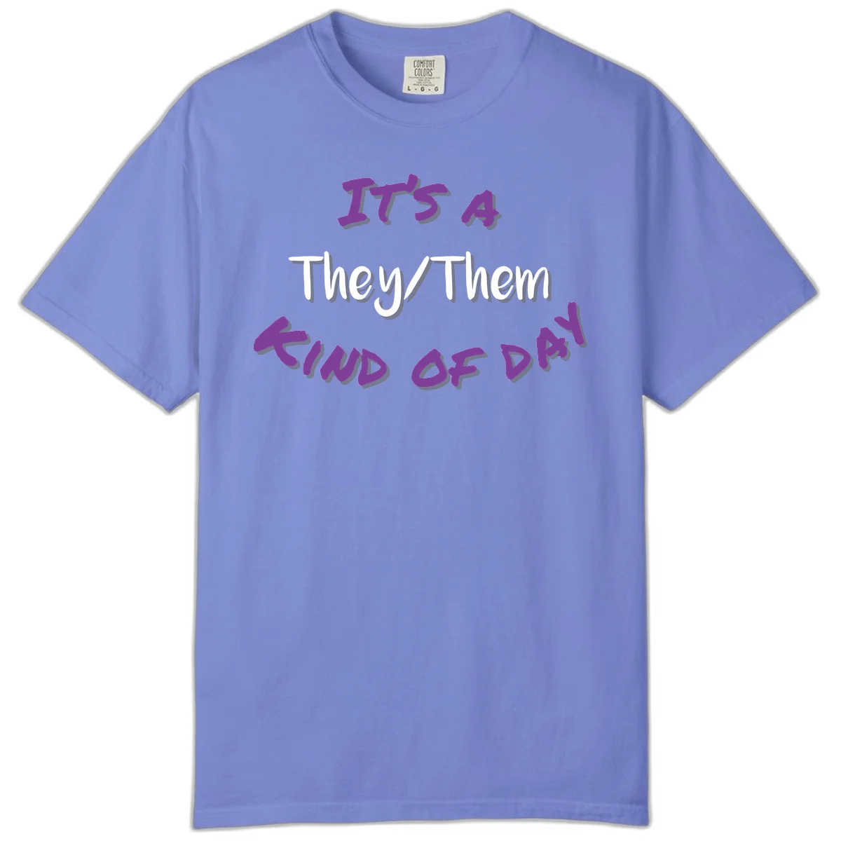 Purple 3D text reading 'IT'S 4 They/Them PROUD OF ME' with shadow effects on gray background in Flo Blue