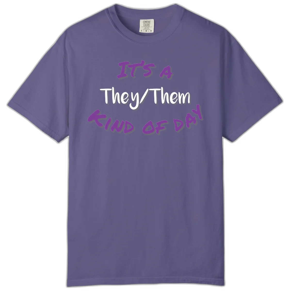 Purple 3D text reading 'IT'S 4 They/Them PROUD OF ME' with shadow effects on gray background in Grape