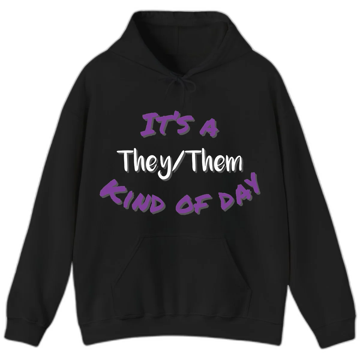 Purple 3D text reading 'IT'S 4 They/Them PROUD OF ME' with shadow effects on gray background in Black