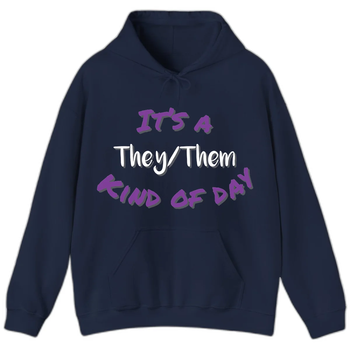 Purple 3D text reading 'IT'S 4 They/Them PROUD OF ME' with shadow effects on gray background in Navy