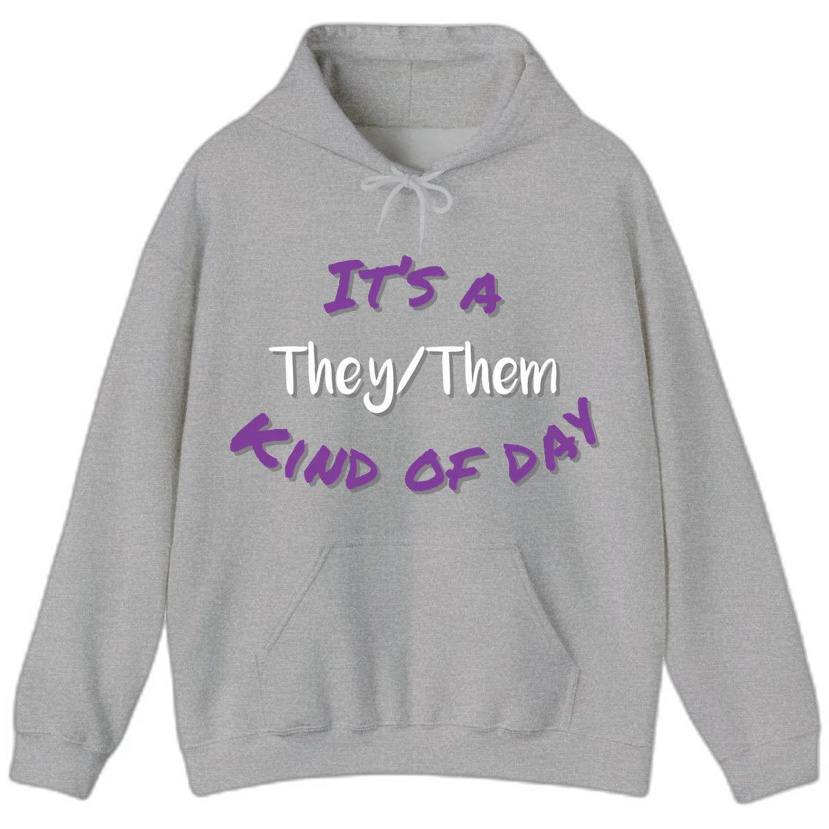 Purple 3D text reading 'IT'S 4 They/Them PROUD OF ME' with shadow effects on gray background in Sport Grey
