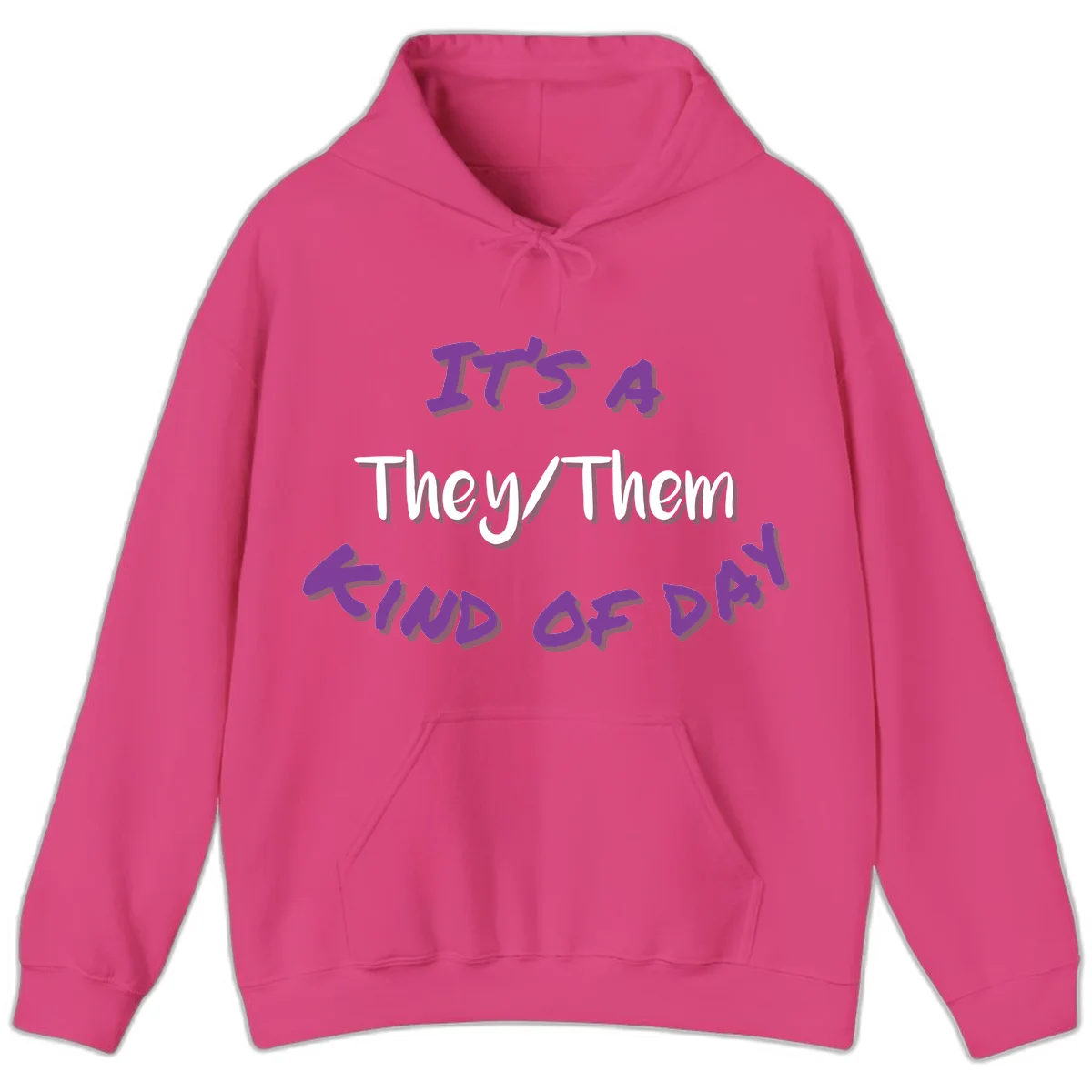 Purple 3D text reading 'IT'S 4 They/Them PROUD OF ME' with shadow effects on gray background in Heliconia