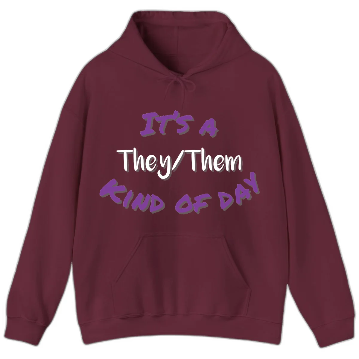 Purple 3D text reading 'IT'S 4 They/Them PROUD OF ME' with shadow effects on gray background in Maroon