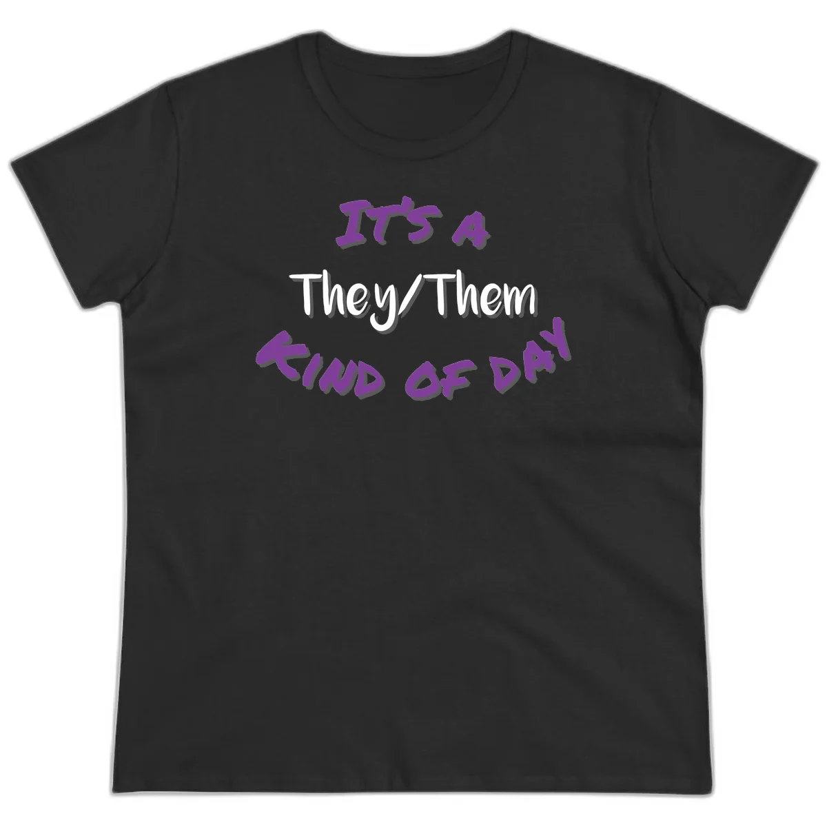 Purple 3D text reading 'IT'S 4 They/Them PROUD OF ME' with shadow effects on gray background in Black