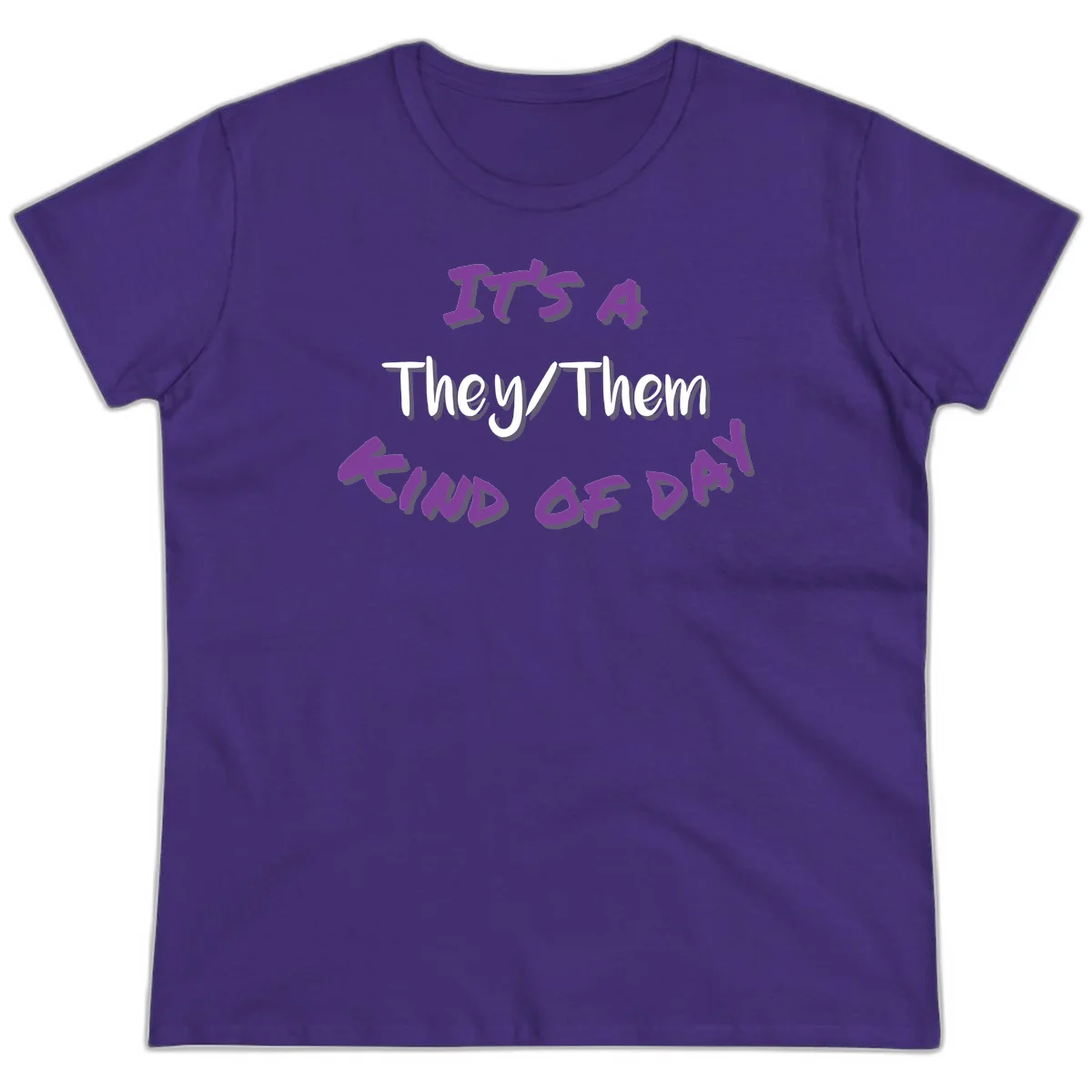 Purple 3D text reading 'IT'S 4 They/Them PROUD OF ME' with shadow effects on gray background in Purple
