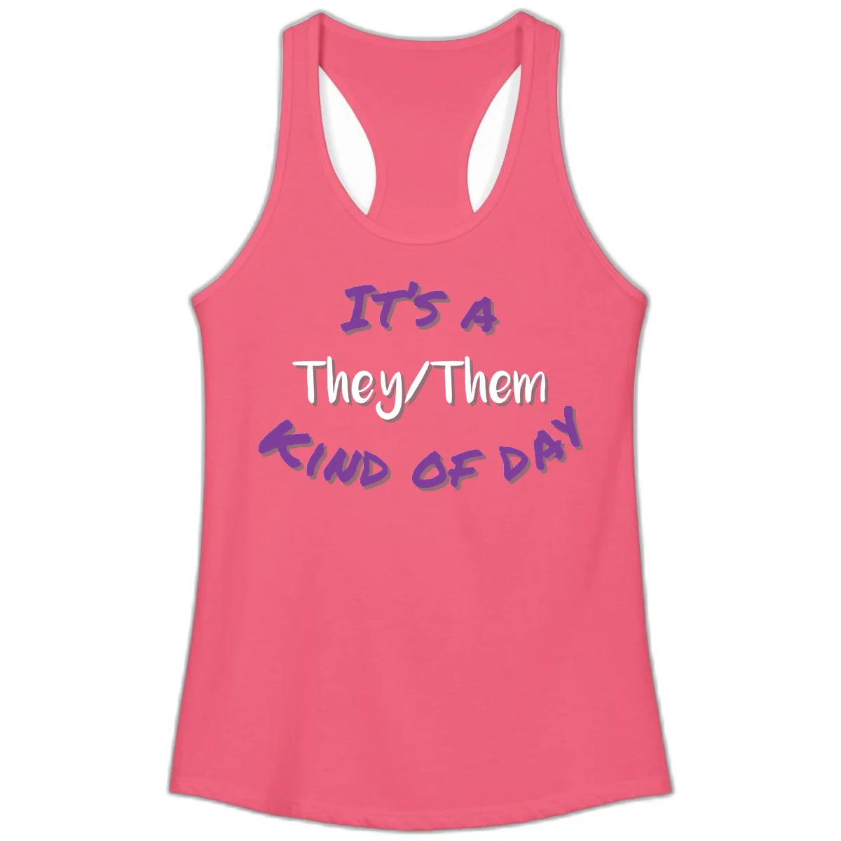 Purple 3D text reading 'IT'S 4 They/Them PROUD OF ME' with shadow effects on gray background in Hot Pink