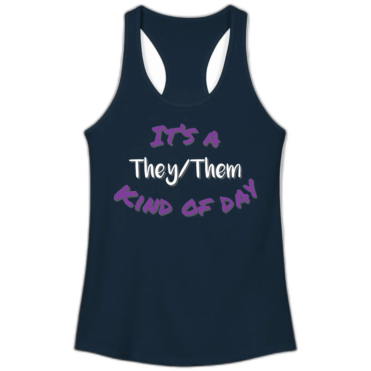 Purple 3D text reading 'IT'S 4 They/Them PROUD OF ME' with shadow effects on gray background in Solid Midnight Navy