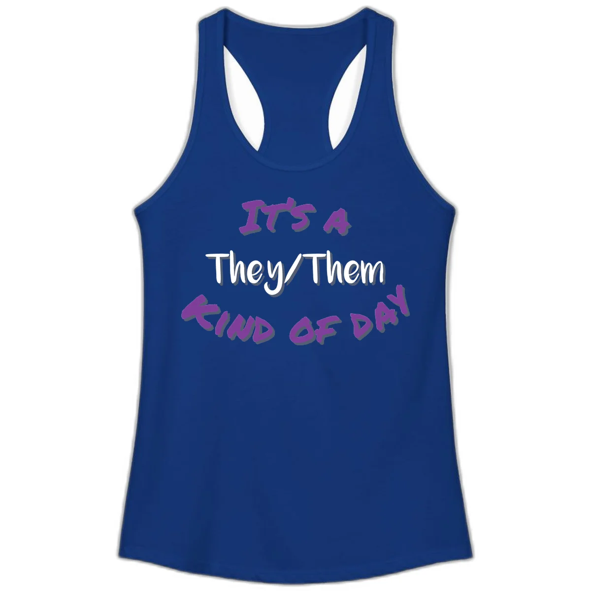 Purple 3D text reading 'IT'S 4 They/Them PROUD OF ME' with shadow effects on gray background in Solid Royal